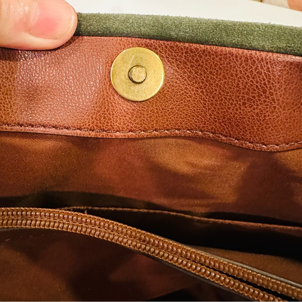 Fossil Leather Suede Green Tote Handbag Green Brown Handles Work Travel Safari - Picture 10 of 16